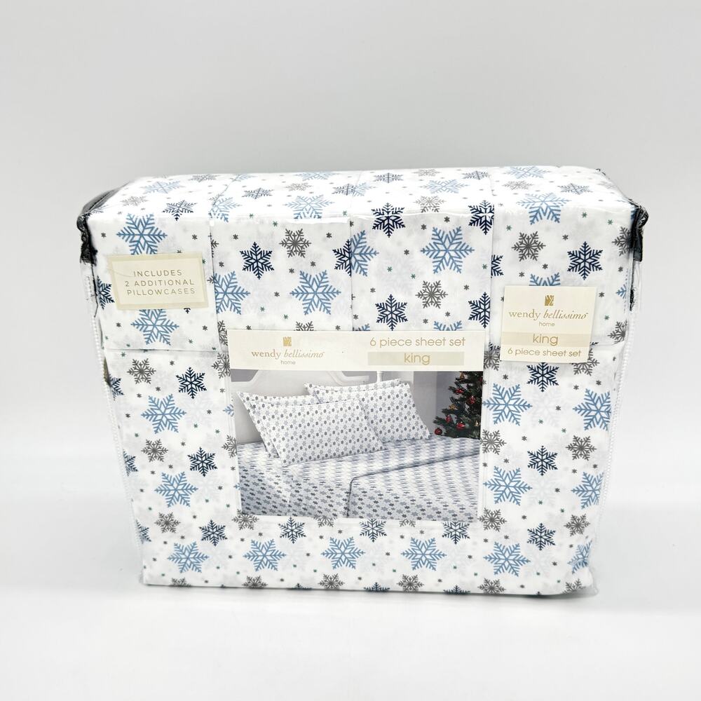 Wendy Bellissimo 6 pc KING Snowflake Winter Christmas Sheet Set Blue Snowflakes